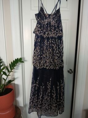 BCBGMaxAzria Navy Maxi Dress with Champagne Floral Embroidery
